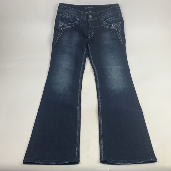 Silver Jeans Suki 17” Straight leg Size 29 Dark wash denim Pocket Bling Stretch - Picture 2 of 16